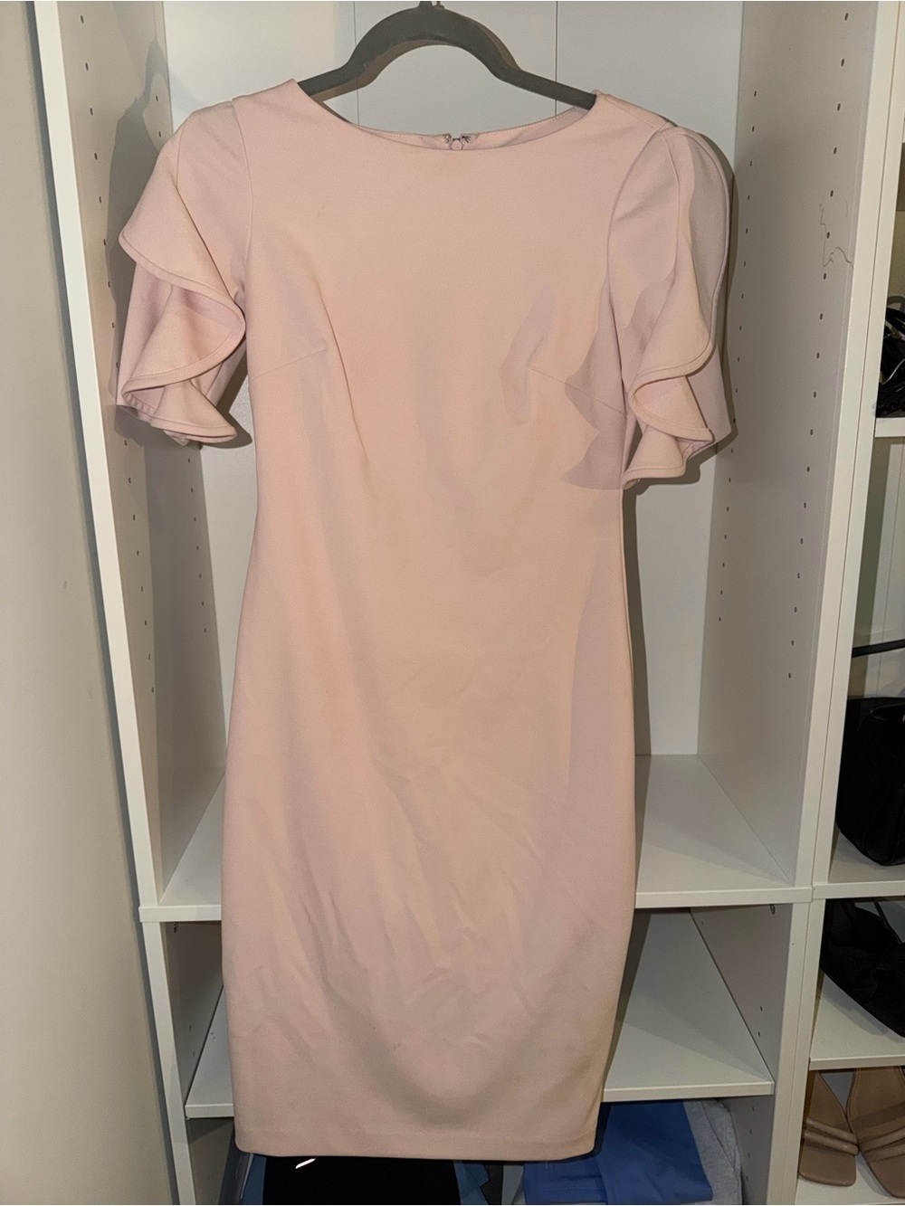 Calvin Klein Light Pink Ruffle Sleeve Midi Sheath Dress